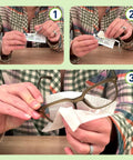 Front view of hands opening a pre-moistened Flents Lens Wipes Basic sachet.
Side view of hands pulling a wipe from a Flents Lens Wipes Basic packet.
Close-up of brown eyeglasses being wiped with a lens wipe.