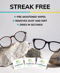 Individually Wrapped Lens Cleaning Wipes 210 Count For Eyeglasses And Sunglasses with two eyeglasses and wipe packs displayed.