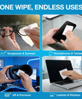 Images showing Lens Wipes And Microfiber Cloths Value Kit For Eyeglasses And Screens used on glasses, smartphone, VR headset, and laptop.