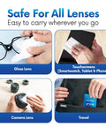Pre-moistened eyeglass lens wipes; for glasses, smartphones, and camera lenses; travel use shown.