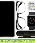 Individually Wrapped Lens Wipes For Glasses And Devices Streak Free Clarity next to smartphone, glasses, smartwatch, camera