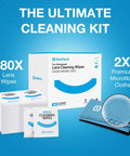 Lens Wipes And Microfiber Cloths Value Kit For Eyeglasses And Screens box with 180 wipes and two microfiber cloths on display.