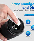 Eyeglass lens wipes used to clean a camera lens; white pre-moistened, soft-quilted wipe in hand