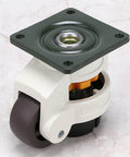 4 Piece Leveling Casters Set For Heavy Workbenches And Equipment Featuring Top Plate 2.9 Inch By 2.9 Inch Wheel Diameter 1.54 Inch Retractable NBR Pad 110 Lb Per Caster 330 Lb Total Load Capacity, white caster close-up