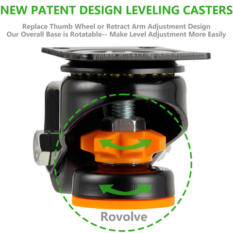 Leveling Casters Set Of 4 Heavy Duty Retractable Wheels Low Profile 80F Swivel Workbench Castors 4200 Lbs Industrial Leveling Machine Dual Wheel For Equipment Workbench And Furniture, close-up view showcasing adjustment design