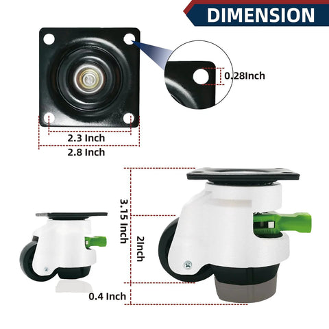 Dimensions of Four Pack Leveling Casters With Ratchet Handle, Heavy Duty Adjustable Wheel Sets, Total Capacity 2200 Lbs