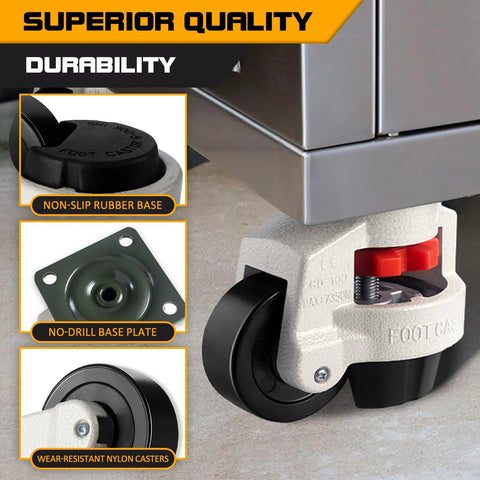 4-Piece Leveling Casters With Nylon Wheel And Rubber Foot, Retractable Workbench Caster Set, installed under a workbench