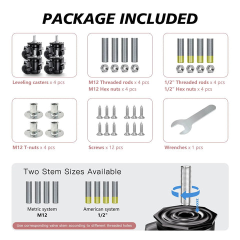 Package of Leveling Casters Set Of 4 For Workbenches, Heavy Duty Stem Caster Wheels With T Nuts, including accessories