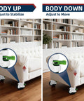 Four Pack Leveling Casters With Ratchet Handle on sofa showing adjustable height and mobility, ideal for workbenches and heavy equipment.