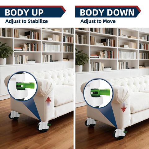 Four Pack Leveling Casters With Ratchet Handle on sofa showing adjustable height and mobility, ideal for workbenches and heavy equipment.