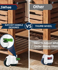 Comparison of Four Pack Leveling Casters With Ratchet Handle and thumb wheel, showing adjustable casters on wooden furniture.