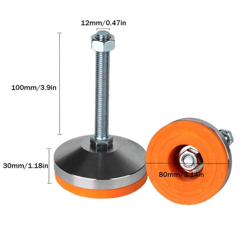 Heavy Duty Adjustable Leveling Feet With 3.14 Inch Base M12 Thread 1300 Pound Capacity For Workbenches Machines And Cabinets Durable Chrome Plated Steel Leg Levelers With Anti Slip Rubber Pads, showing front and top view