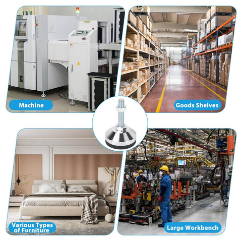 Heavy Duty Leveling Feet M12 Thread Adjustable Leg Levelers With 2.36 Inch Base Diameter in various settings like machine, shelves, furniture, workbench