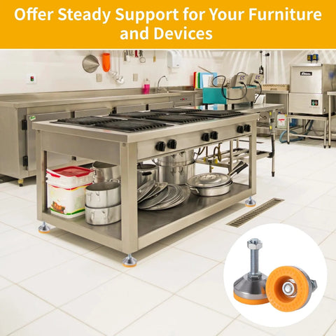 Heavy Duty Leveling Feet Set Built To Last Four Pack D60 X M12 X 50 2.36 Inch Base Diameter 1300 Lb Capacity Adjustable Leg Levelers shown under a kitchen heavy-duty range.
