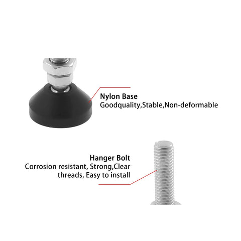 Four heavy duty screw on leveling feet with M8 threads provide precise height adjustment, anti skid rubber swivel base details