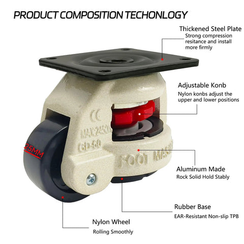 Four Pack 2 Inch Leveling Machine Casters With Nylon Wheels And Rubber Feet For Stable Installs And Smooth Mobility Load Capacity Up To 2200 Lbs Ideal For Heavy Machinery And Equipment Reduces Vibration And Improves Maneuverability On Uneven Floors close-up view.