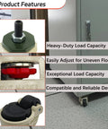 4 Pack 2 Inch Leveling Machine Stem Casters With Retractable Rubber Feet For Workbenches, Machines, And Equipment, Adjustable To Straighten On Uneven Floors, Industrial Grade Heavy Duty Capacity Up To 2200 Lbs shown in product feature highlights with close-up views.