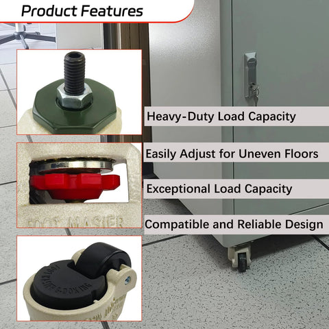 4 Pack 2 Inch Leveling Machine Stem Casters With Retractable Rubber Feet For Workbenches, Machines, And Equipment, Adjustable To Straighten On Uneven Floors, Industrial Grade Heavy Duty Capacity Up To 2200 Lbs shown in product feature highlights with close-up views.