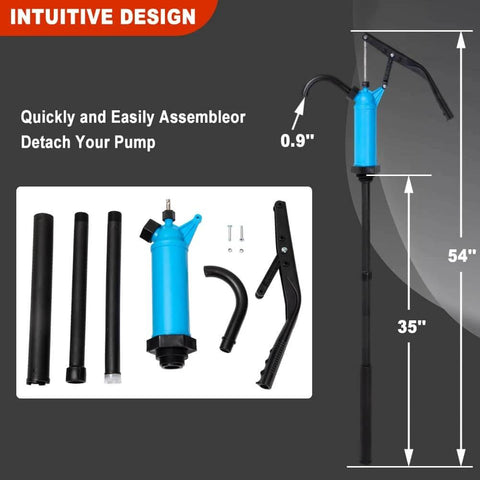 Lever Action Barrel Pump components and size details for 5 to 55 Gallon Drum Pump, Perfect for Transferring Motor Oil, Water, Diesel