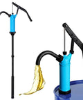 Lever Action Barrel Pump, 5 to 55 Gallon Drum Pump, transferring liquid from blue drum with black lever visible