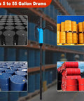 Lever Action Barrel Pump, 5 to 55 Gallon Drum Pump shown with various drum colors in a warehouse setting