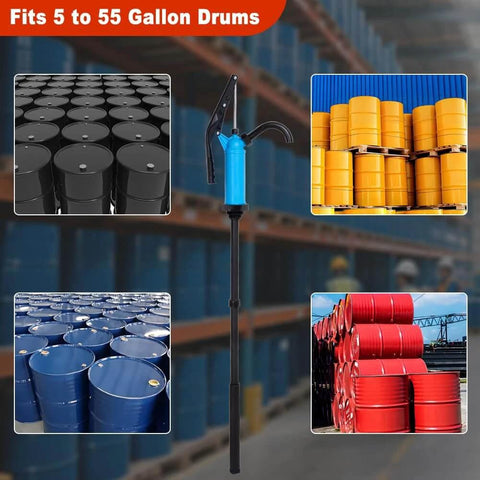 Lever Action Barrel Pump, 5 to 55 Gallon Drum Pump shown with various drum colors in a warehouse setting