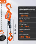 Manual Lever Chain Hoist 1/2 Ton 1100 Lbs Capacity 5 Ft Come Along G80 Galvanized Dual Pawl Brake and 360 Degree Hook