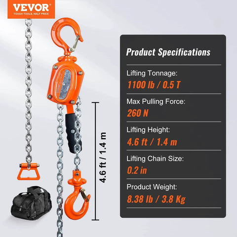 Manual Lever Chain Hoist 1/2 Ton 1100 Lbs Capacity 5 Ft Come Along G80 Galvanized Dual Pawl Brake and 360 Degree Hook