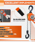 Lever Chain Hoist 1650 Lbs Capacity 10 Ft Manual Ratchet Chain Puller with non-slip rubber handle and hooks