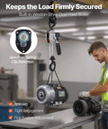 Manual Lever Chain Hoist Quarter Ton 550Lb Capacity With 5 Ft Lift G80 Chain featured in use lifting an engine part on a workbench.