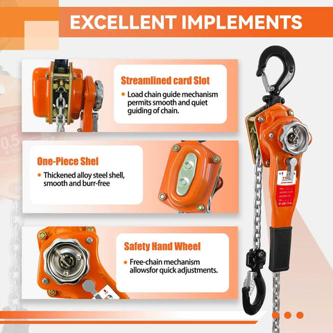 Lever Chain Hoist 1650 Lbs Capacity 10 Ft Manual Ratchet Chain Puller With Two Hooks For Outdoor No Power Use, orange body
