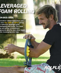 Man using arm and leg massager roller for targeted myofascial release and faster recovery relieving golfer's elbow and tendonitis.