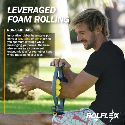 Man using arm and leg massager roller for targeted myofascial release and faster recovery relieving golfer's elbow and tendonitis.