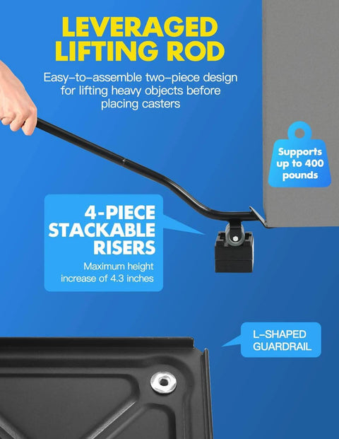 Leverage rod and stackable risers from 1200 lb heavy duty furniture movers with wheels and moving dolly set