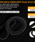 Close-up of a black rubber 4-rib dryer drum belt 92" x 1/4"W x 1/16"H with replacement models listed, item weight 2 ounces.