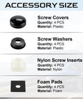 Accessory size chart showing screw covers, screw washers, nylon screw inserts, and foam pads for LivTee Rustproof License Plate Screws.