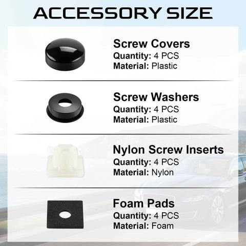 Accessory size chart showing screw covers, screw washers, nylon screw inserts, and foam pads for LivTee Rustproof License Plate Screws.