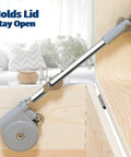 Lid Stay 105 Degree Open with Soft Close installed on wooden toy box, showcasing nickel-plated finish and sturdy design.