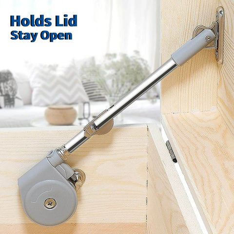 Lid Stay 105 Degree Open with Soft Close installed on wooden toy box, showcasing nickel-plated finish and sturdy design.