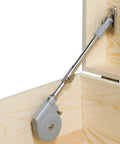 Lid Stay 105 Degree Open with Soft Close installed on wooden upward-opening flap door, showing nickel-plated steel hinge.