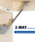 Lid Stay 105 Degree Open with Soft Close installed on upward-opening wooden flap door