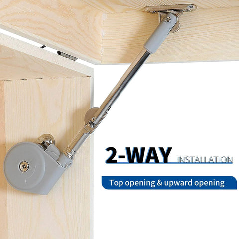 Lid Stay 105 Degree Open with Soft Close, installed on wooden cabinet for toy box lid support, showing two-way installation feature
