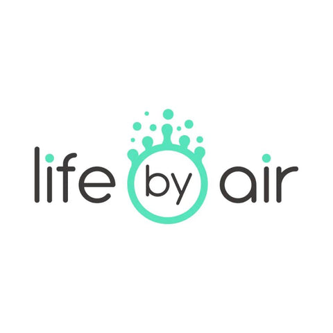 Logo with text 'life by air' featuring teal droplets