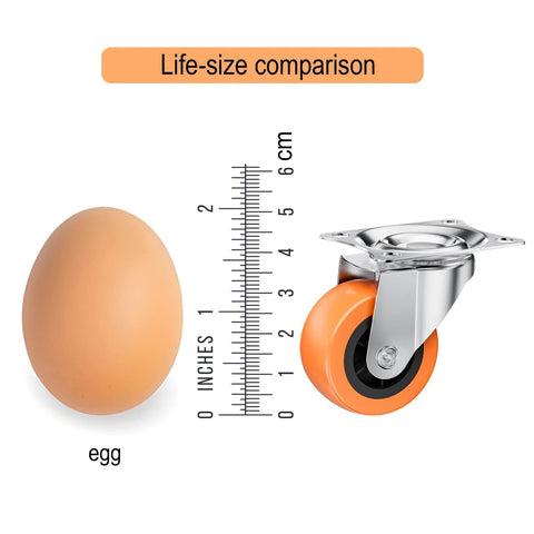Life-size comparison of 1.5" Casters Set of 8 - Swivel Plate Universal Caster Wheels, Orange Polyurethane (PU) next to an egg.