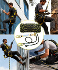 Pro Grade 50Ft Vertical Lifeline Kit For Fall Protection With Rope Grab Heavy Duty Safety Rope Steel Snap Hooks And Shock Absorber Roofing And Tree Climbing Line For Arborists And Roofers ANSI CE Certified in use by workers on various heights and surfaces, showcasing rope, hooks, and safety harness.
