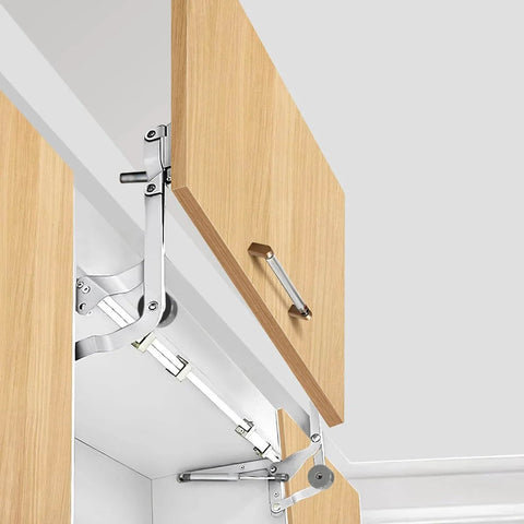 Door Hinges Set,Vertical Swing Lift Up Stay Pneumatic Arm Kitchen Mechanism Hinges with Slow Closing installed on wooden cabinet
