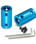 Front and side view of two blue aluminum rigid shaft couplings with 8mm bore, screws and hex keys.