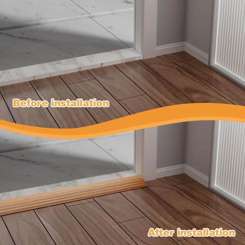 Before and after installation of Floor Transition Strip 3.3ft, Double Sided Self-Adhesive PVC Floor Transition Strip, Doorway Threshold Ramp