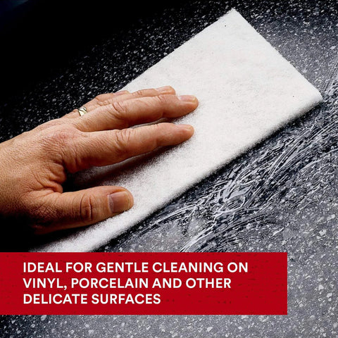 Light Cleansing Hand Pad 6x9 Mild Abrasive For Metal Vinyl Porcelain Pack Of 20 in use on vinyl surface