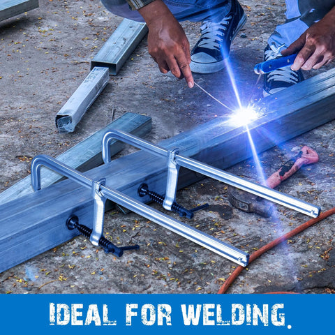 Four Pack 12 Inch Light-Duty F Clamps With Drop Forged Steel Construction And 450 Lb Clamping Power used in welding project